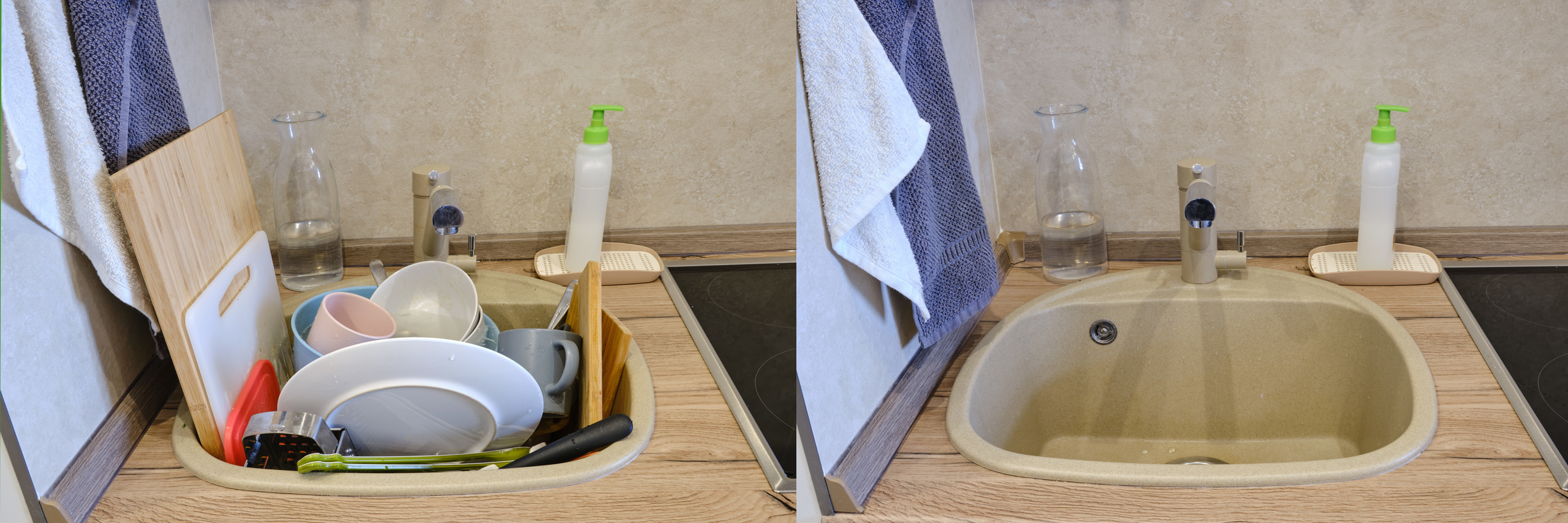 Sink with dirty dishes before and after. Clean and cluttered kitchen sink